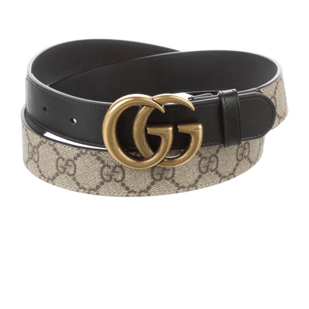 Gucci Women’s Brass Buckle Black Leather Logo Belt Size M